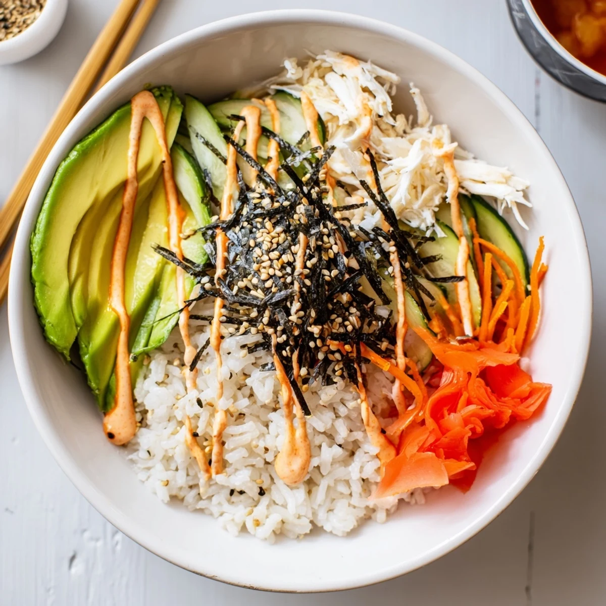 Warm seasoned rice in California Roll Sushi Bowls topped with crunchy cucumber