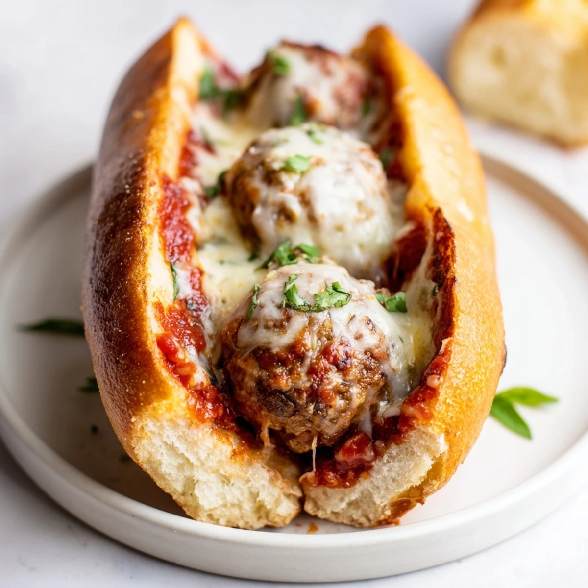 Cheesy Meatball Subs with bubbling mozzarella, saucy meatballs in toasted rolls