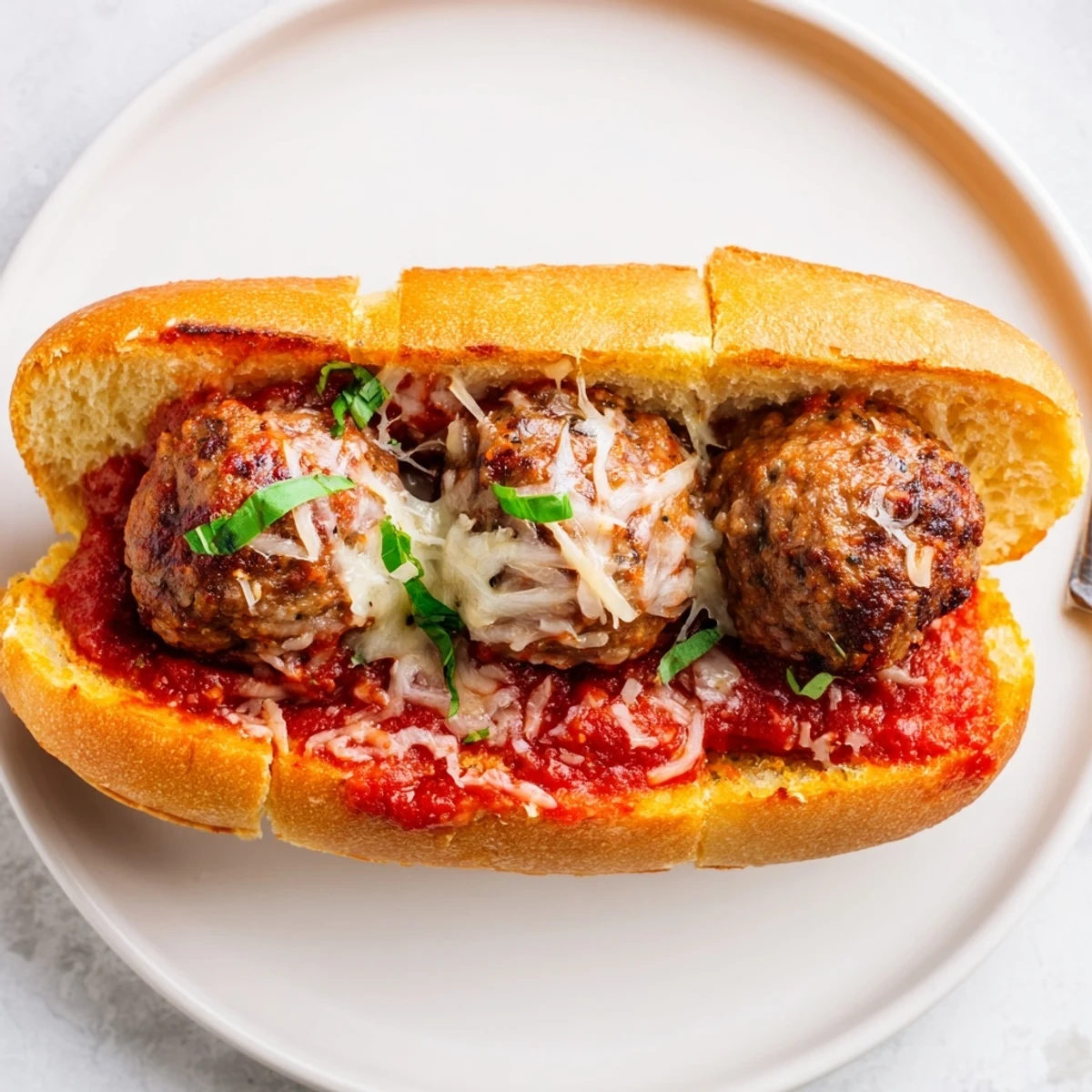 Warm Cheesy Meatball Subs, steaming and topped with fresh basil and sauce