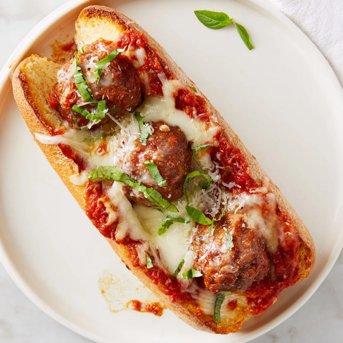 Oven-broiled Cheesy Meatball Subs oozing cheese, paired with crisp green salad