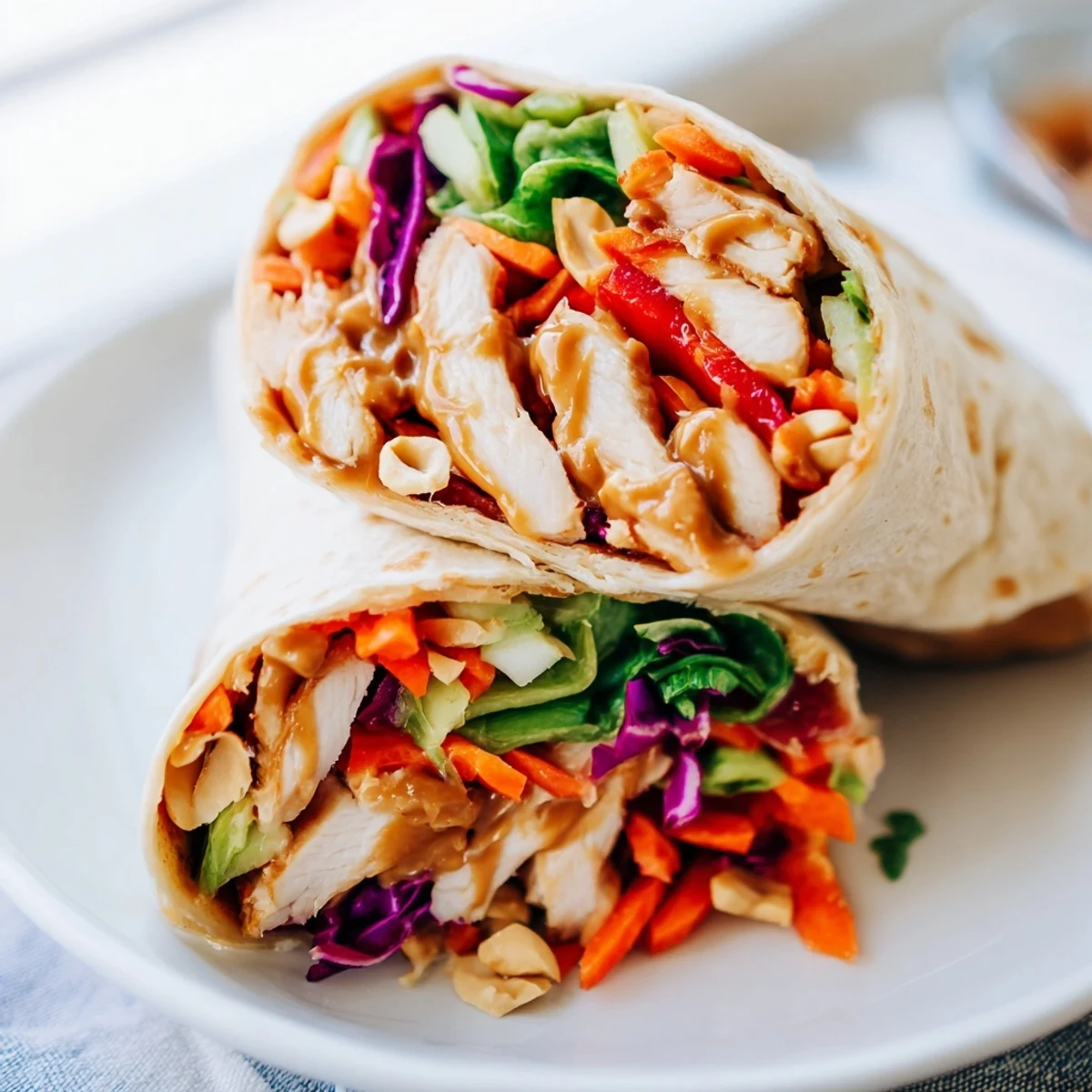 Thai Peanut Chicken Wraps with creamy sauce, crisp veggies, and cilantro garnish