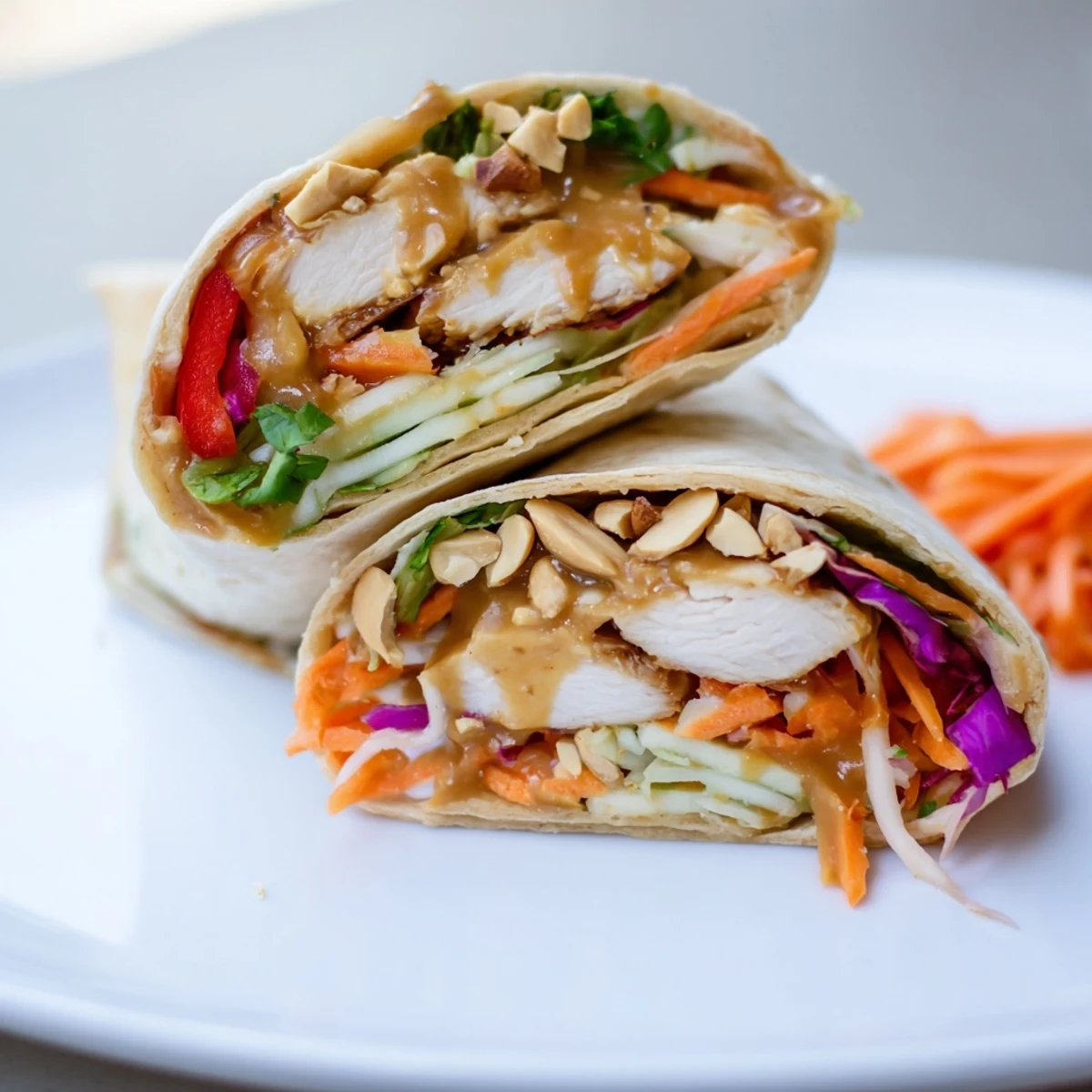 Grilled Thai Peanut Chicken Wraps sliced in half, showing colorful crunchy filling