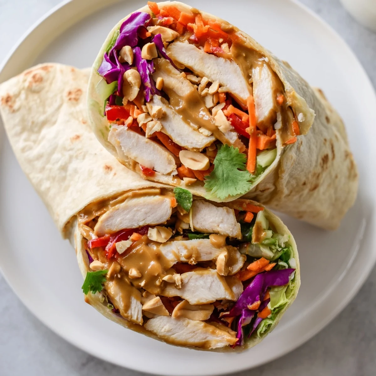 Easy Thai Peanut Chicken Wraps served warm, drizzled with peanut sauce and lime