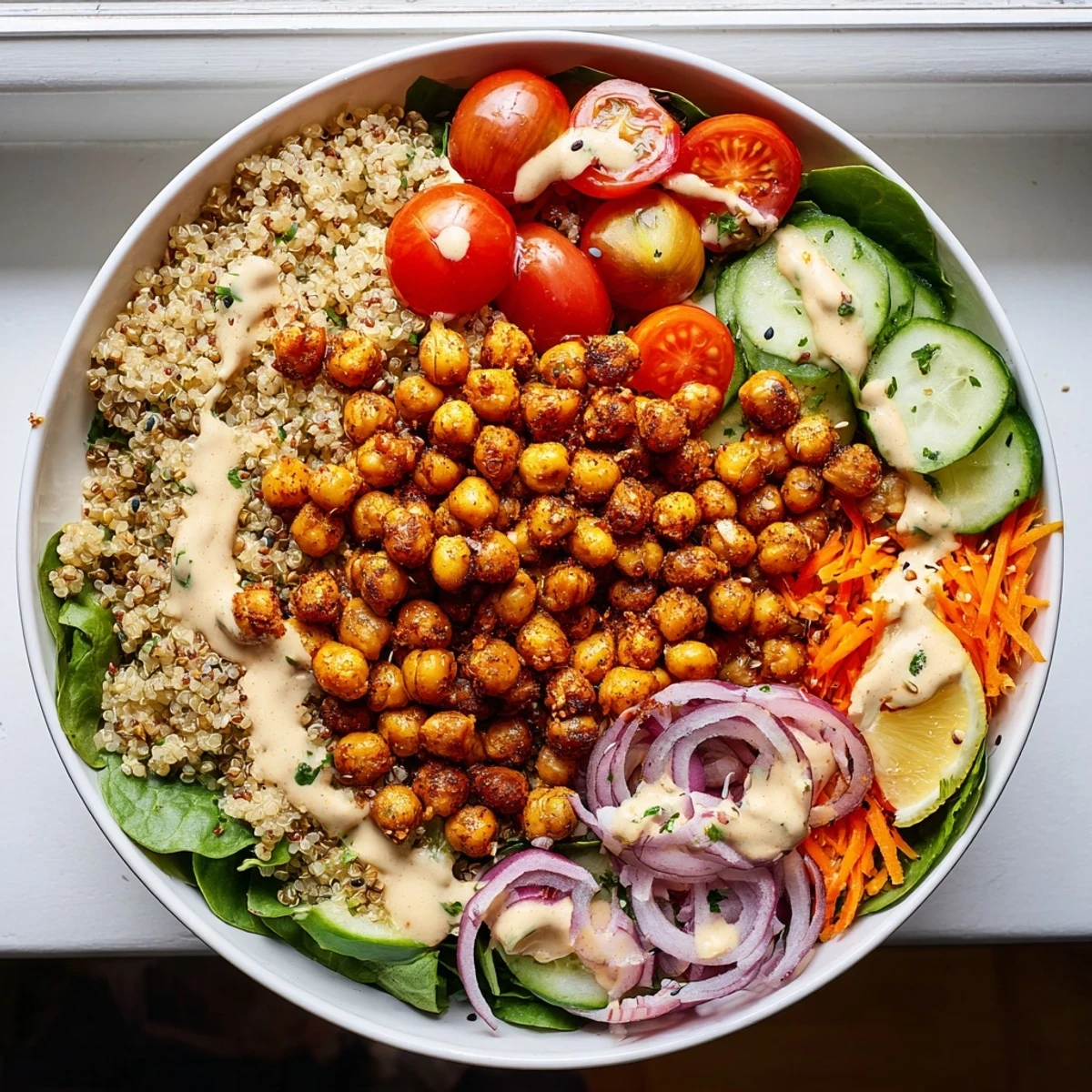 Colorful quinoa chickpea bowl topped with roasted chickpeas and fresh vegetables on rustic wood