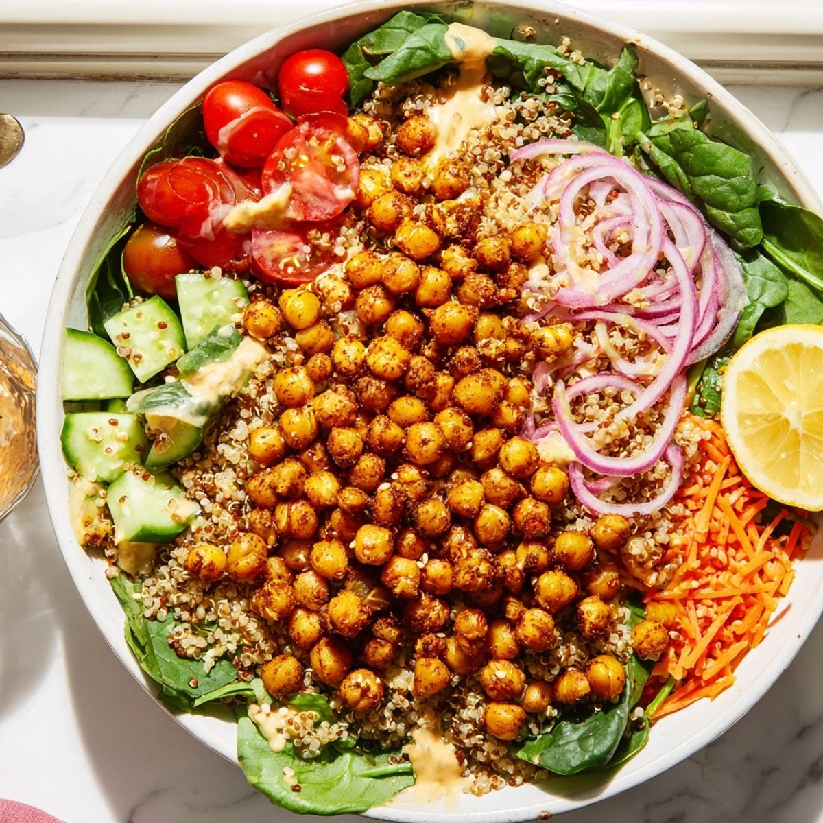 Steaming quinoa chickpea bowl drizzled with creamy lemon tahini dressing and bright garnishes
