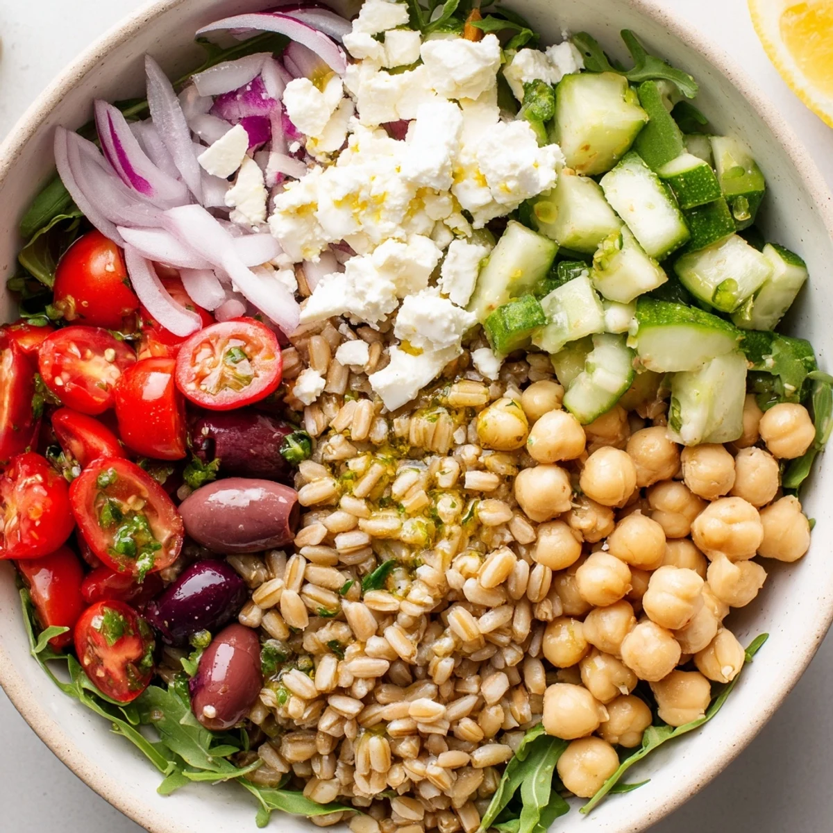 Colorful Mediterranean Grain Bowl topped with fresh vegetables, crumbled feta, and zesty lemon dressing