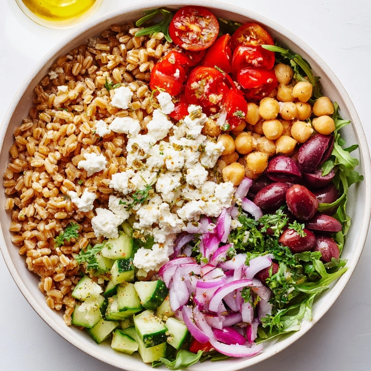 Warm Mediterranean Grain Bowl served in a rustic dish with chickpeas, olives, and crisp greens