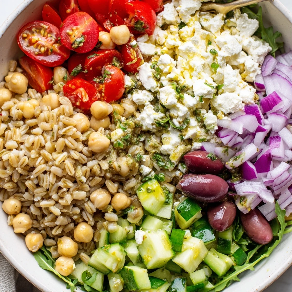 Vibrant Mediterranean Grain Bowl drizzled with herb dressing alongside ripe tomatoes, cucumber, and tender farro