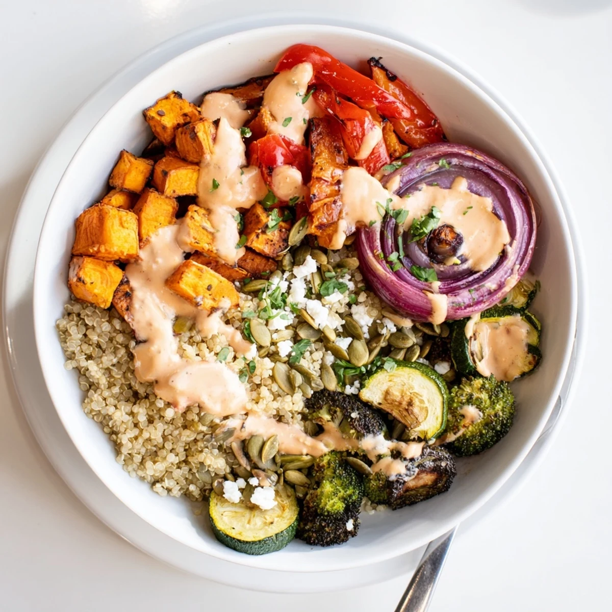 Grain bowl with roasted vegetables drizzled in creamy tahini dressing on rustic pottery.