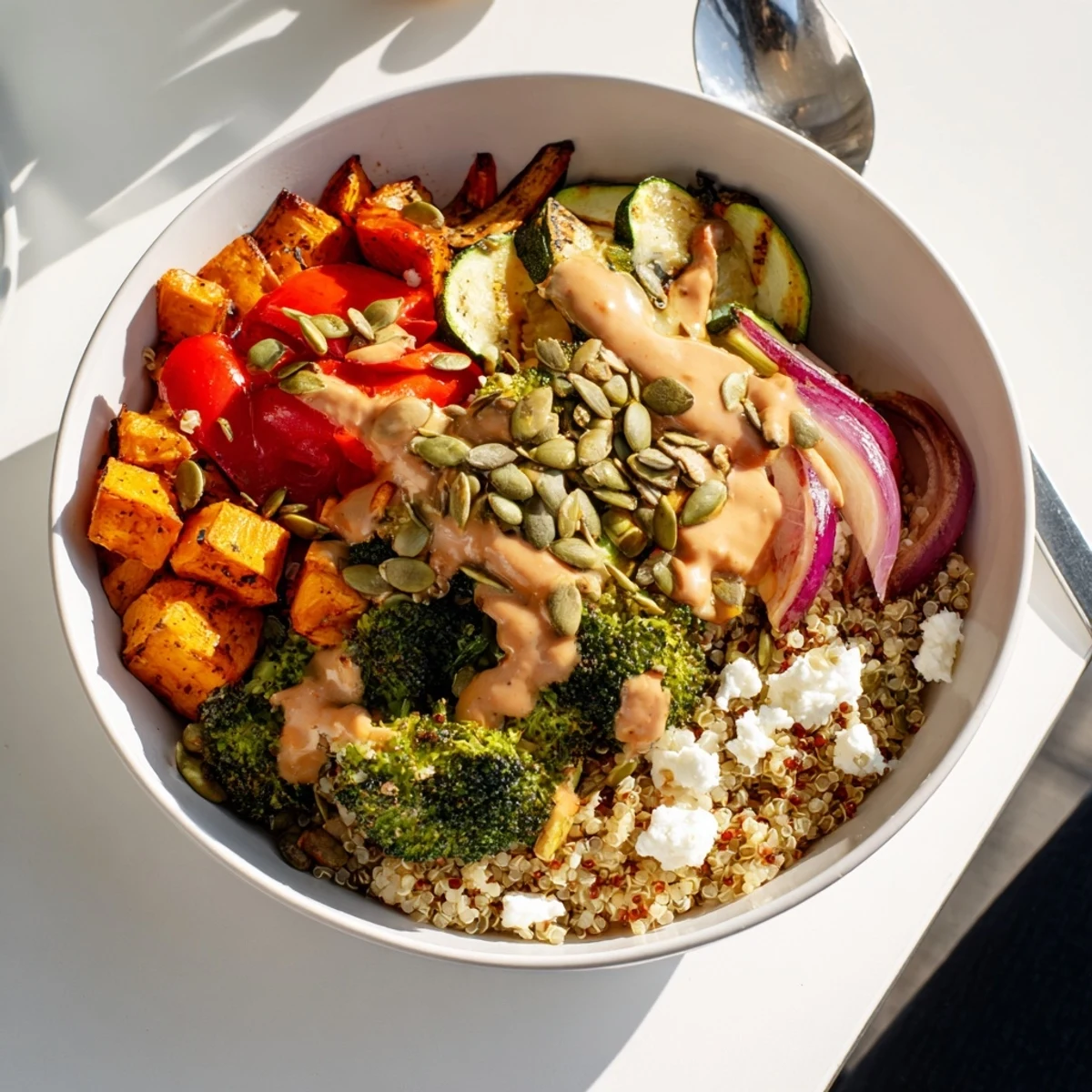 Colorful grain bowl with roasted vegetables, sweet potato, and broccoli topped with pumpkin seeds.