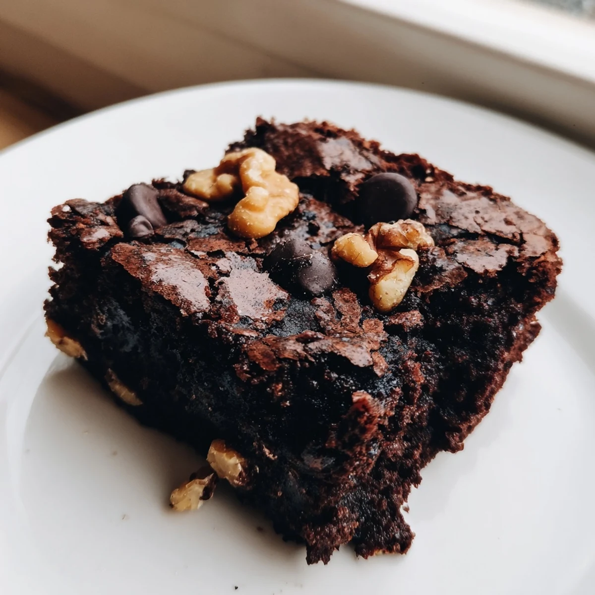 Dark chocolate brownies studded with walnuts displayed on parchment paper