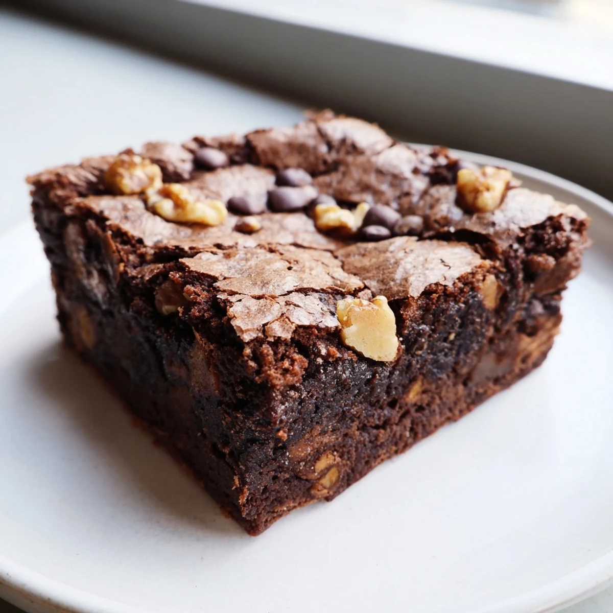 Warm brownie squares topped with vanilla ice cream on a rustic plate
