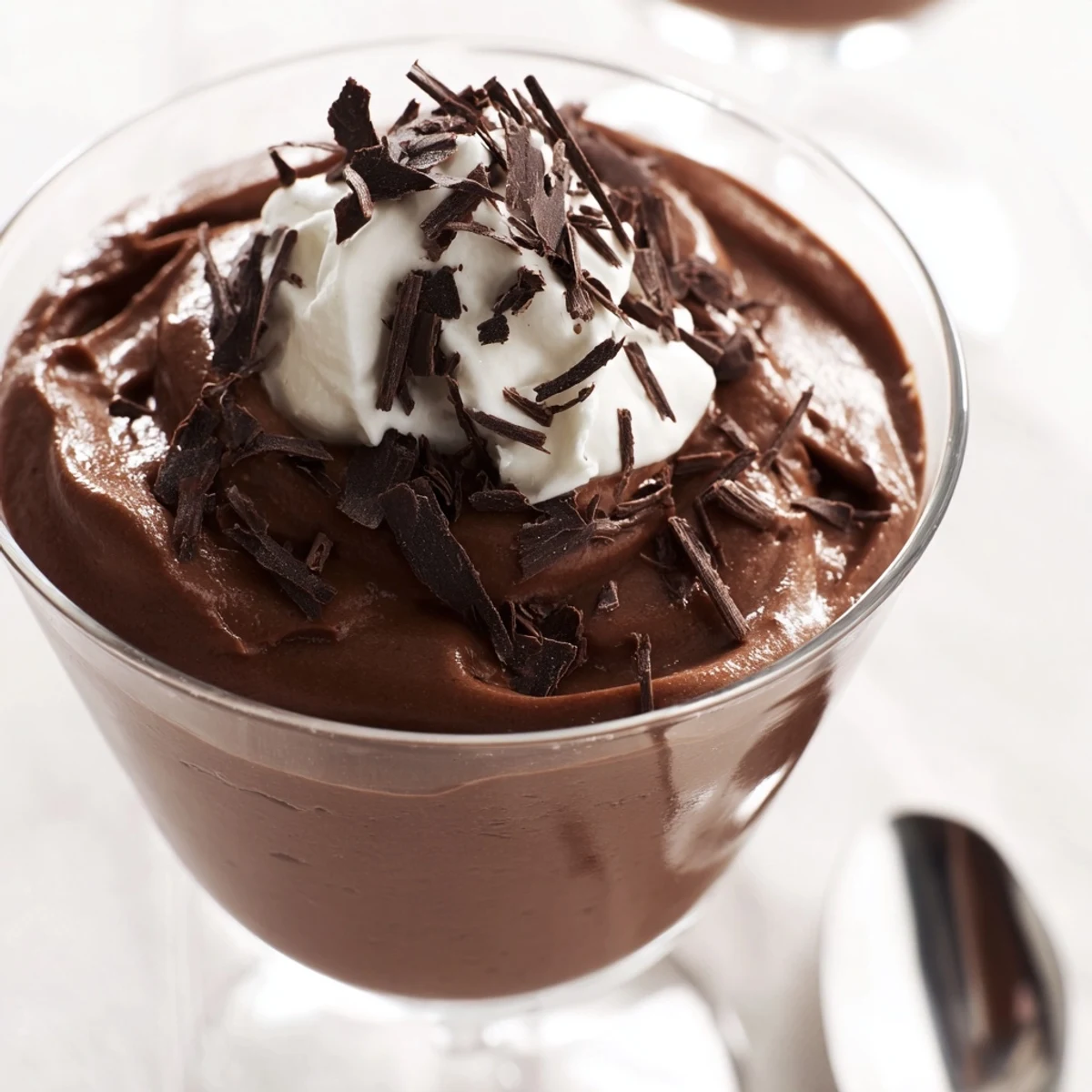 Creamy chocolate mousse served in elegant glasses topped with delicate chocolate shavings