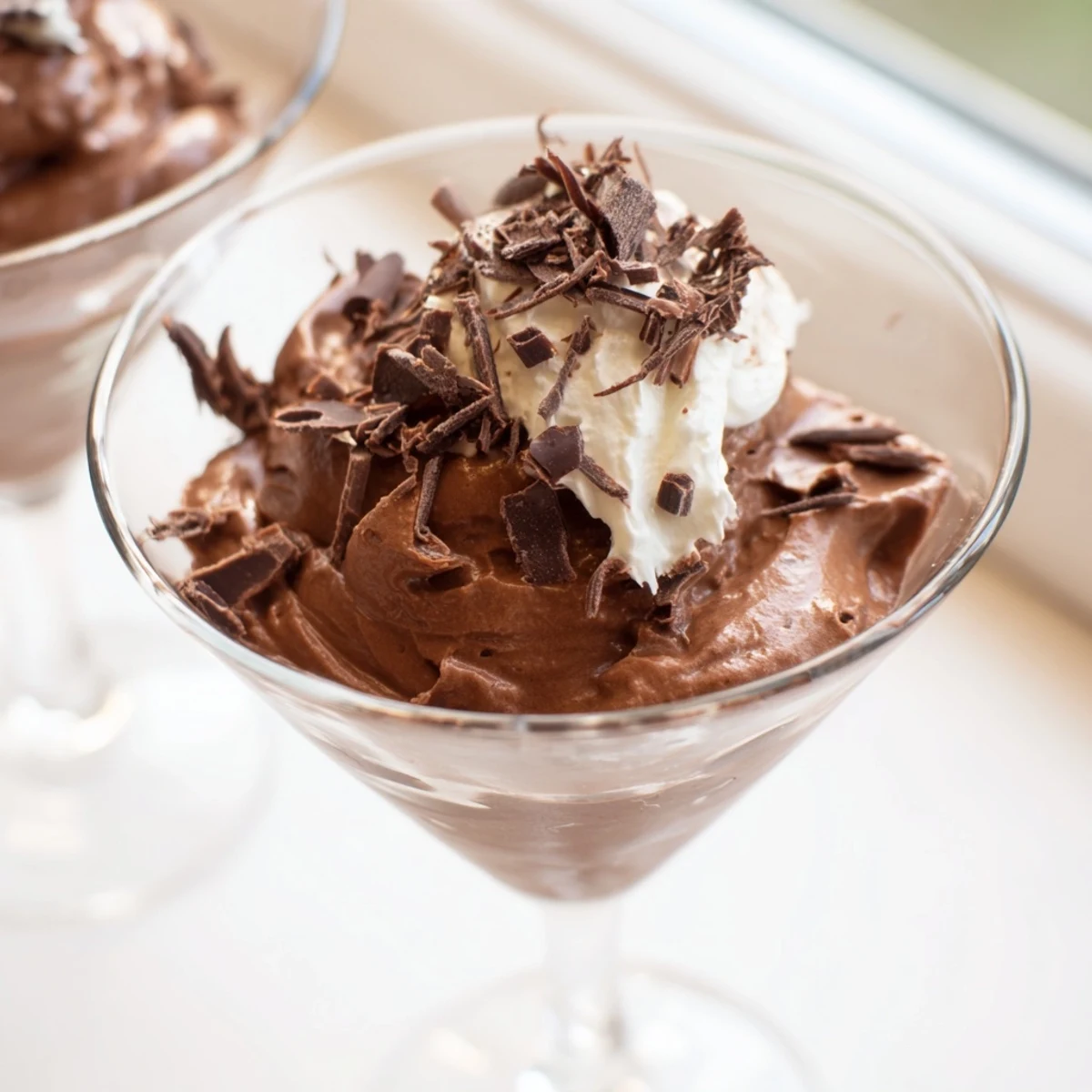 Silky chocolate mousse with fluffy whipped cream in clear dessert cups