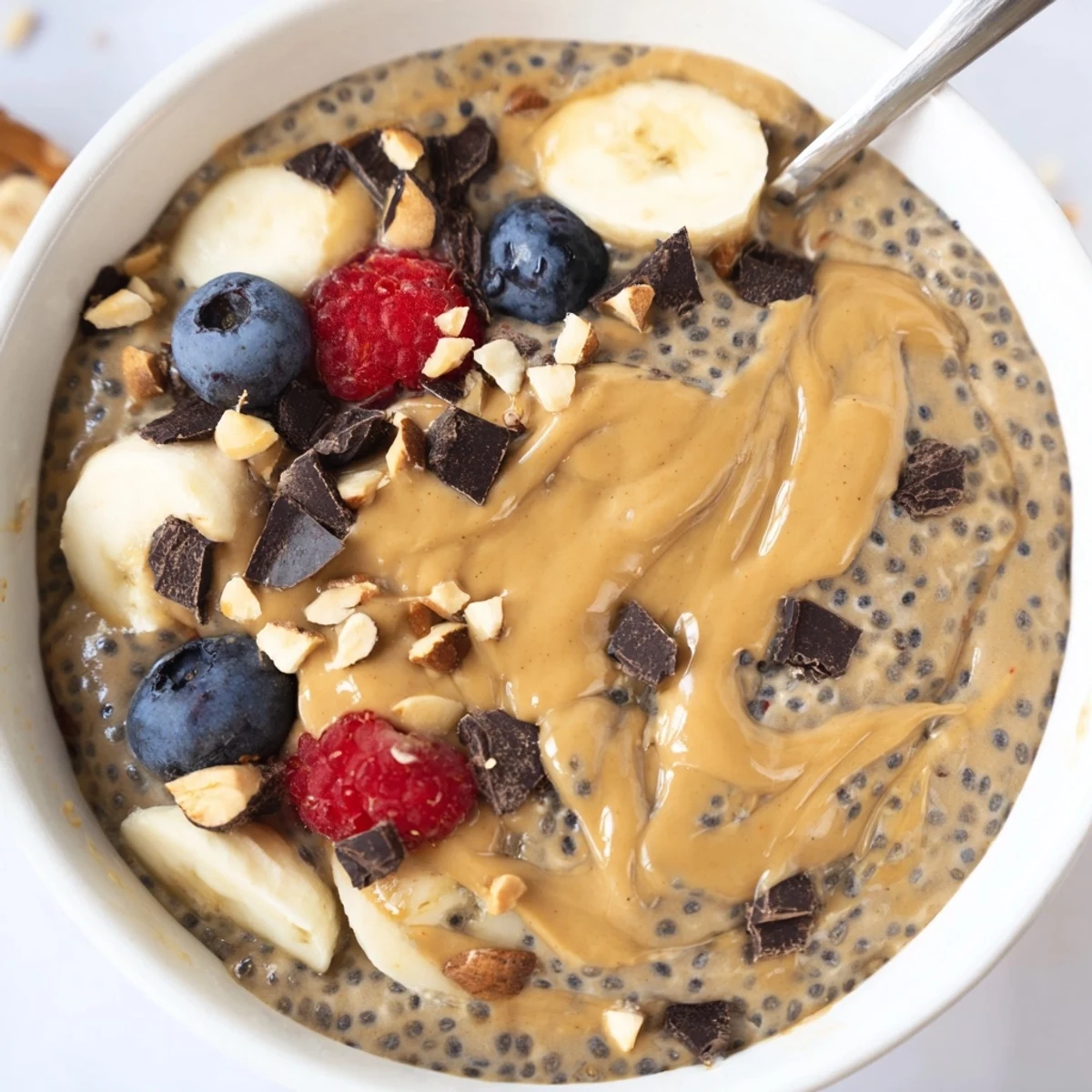 Creamy peanut butter chia pudding topped with sliced banana and dark chocolate