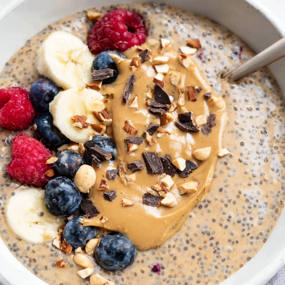 Rich and velvety peanut butter chia pudding crowned with fresh berries and peanuts