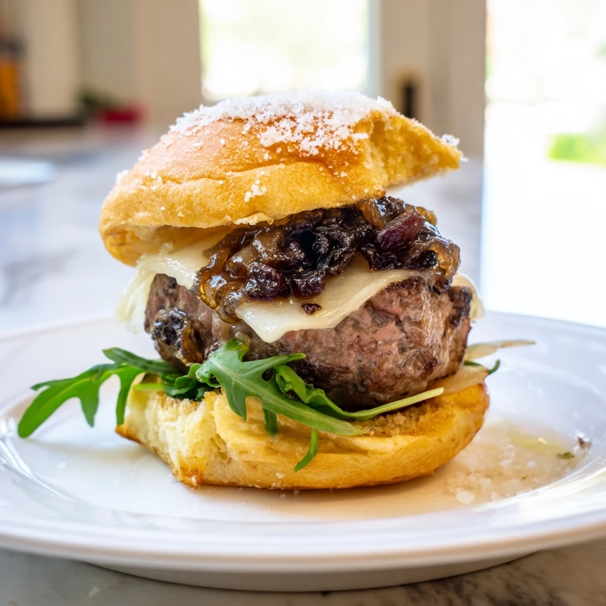 Juicy filet mignon sliders on golden garlic parmesan rolls topped with melted cheese and arugula