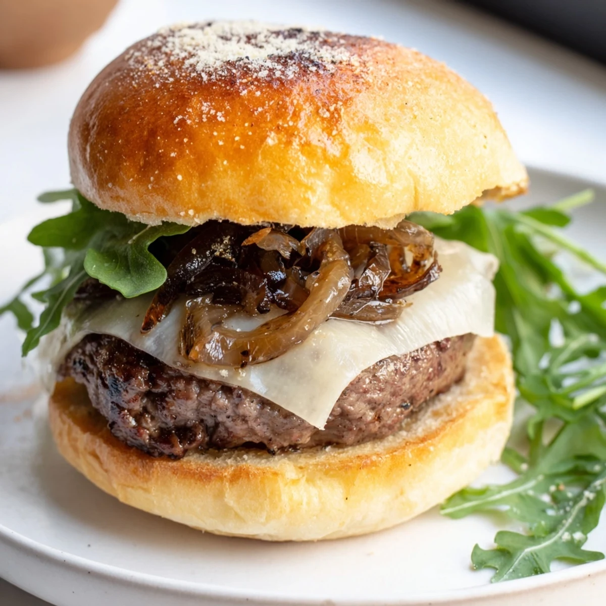 Filet mignon sliders on toasted garlic parmesan rolls served with caramelized onions and fresh greens