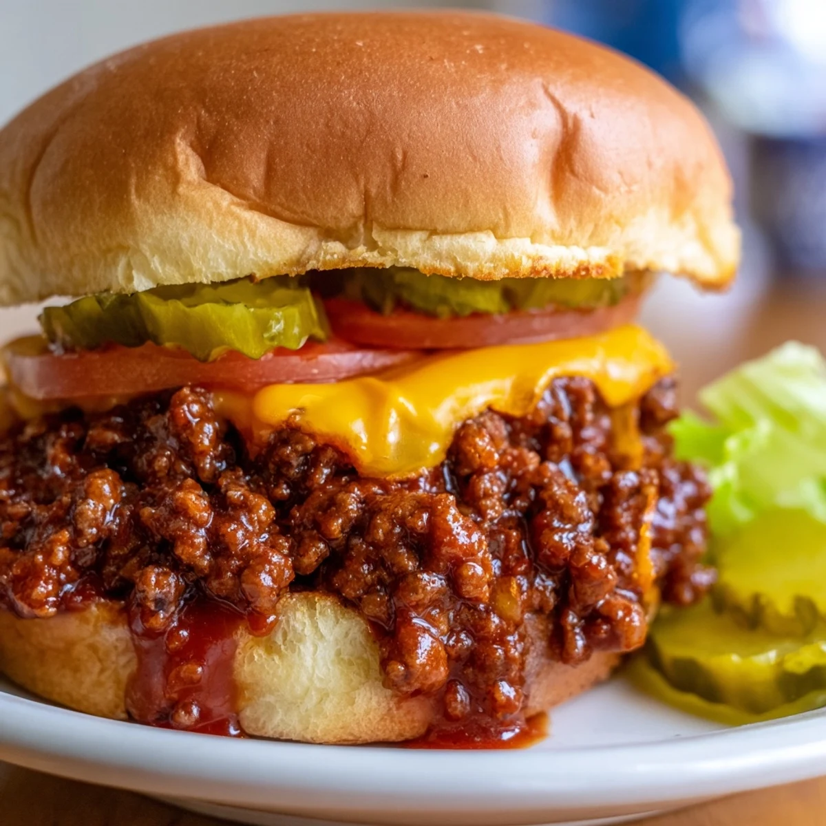 Smash Burger Sloppy Joes topped with pickles on a buttery soft bun