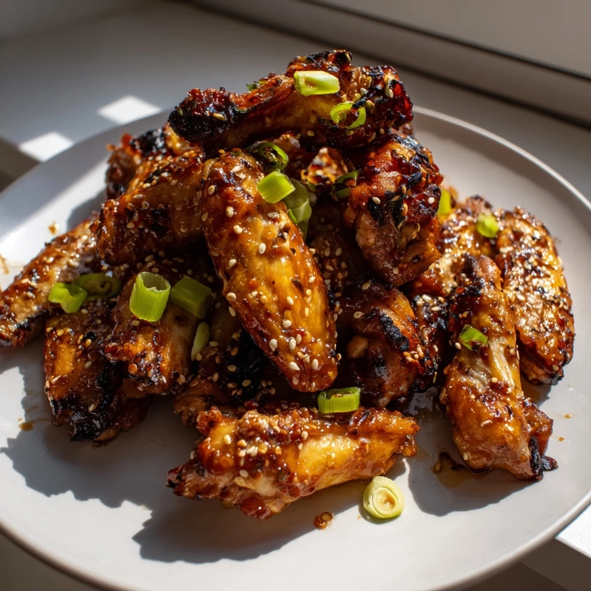 Glistening miso honey marinated chicken wings with sesame seeds on a rustic platter