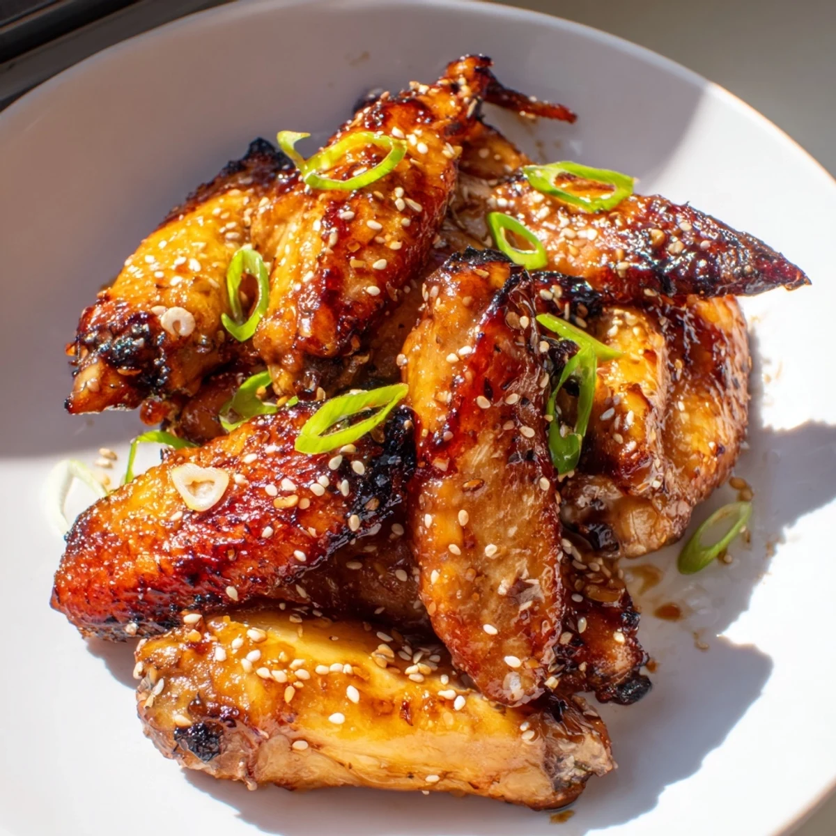 Golden caramelized miso honey marinated chicken wings fresh from the oven served hot