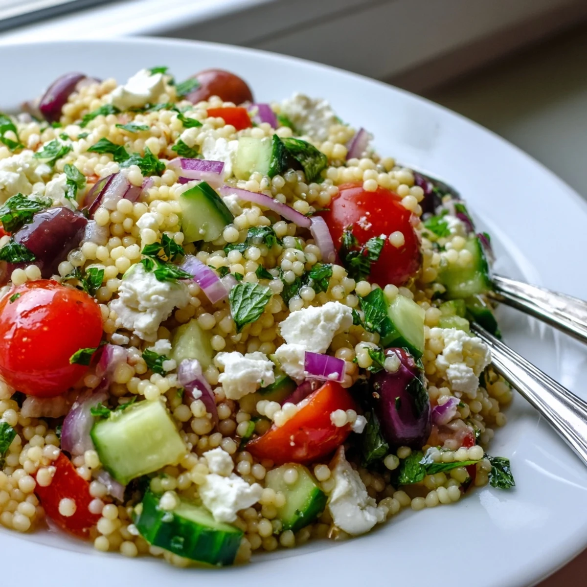 Colorful Mediterranean Couscous Salad piled high with juicy tomatoes, feta, and olives in a sunny bowl