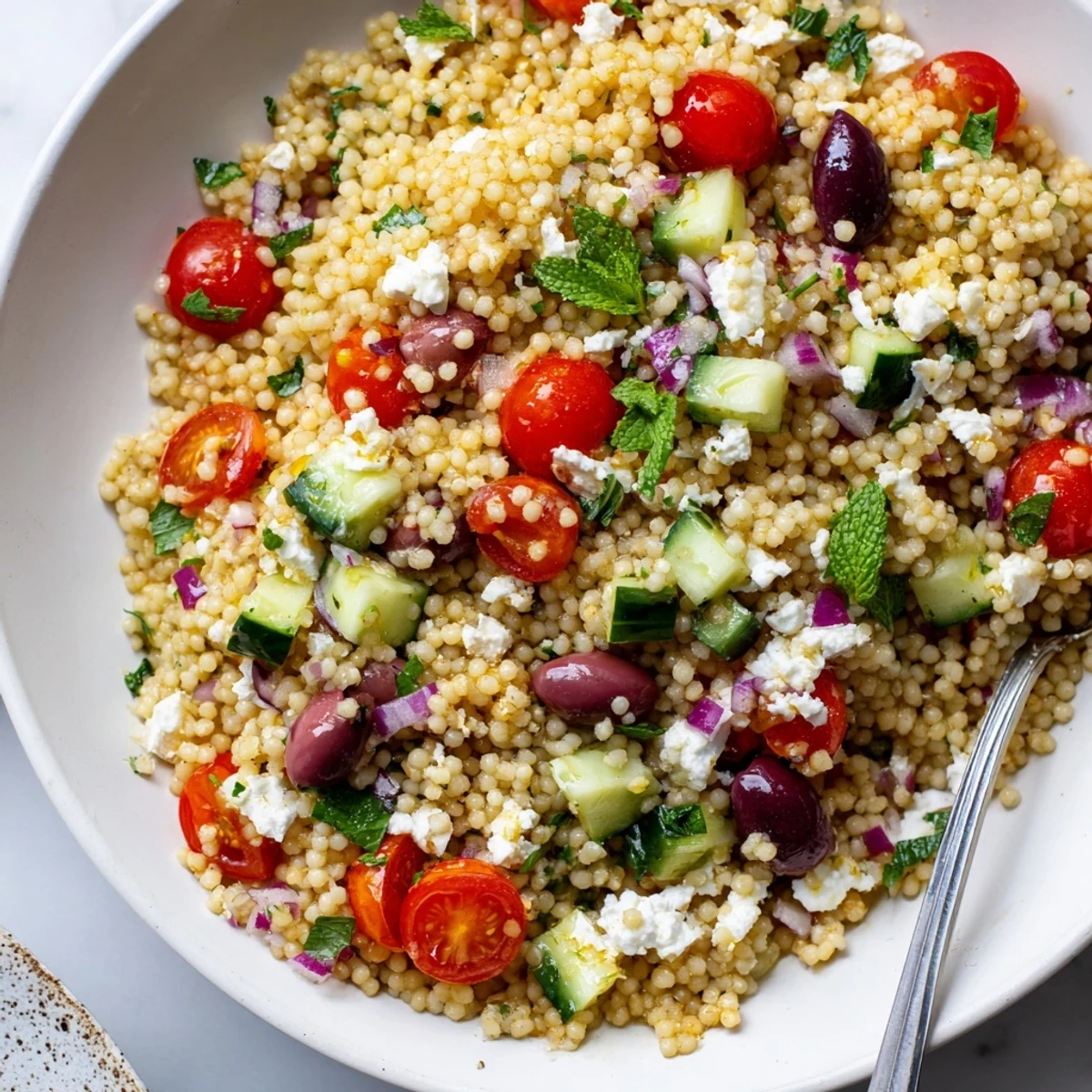 Mediterranean Couscous Salad drizzled with glistening hot honey lemon vinaigrette, flecked with fresh herbs