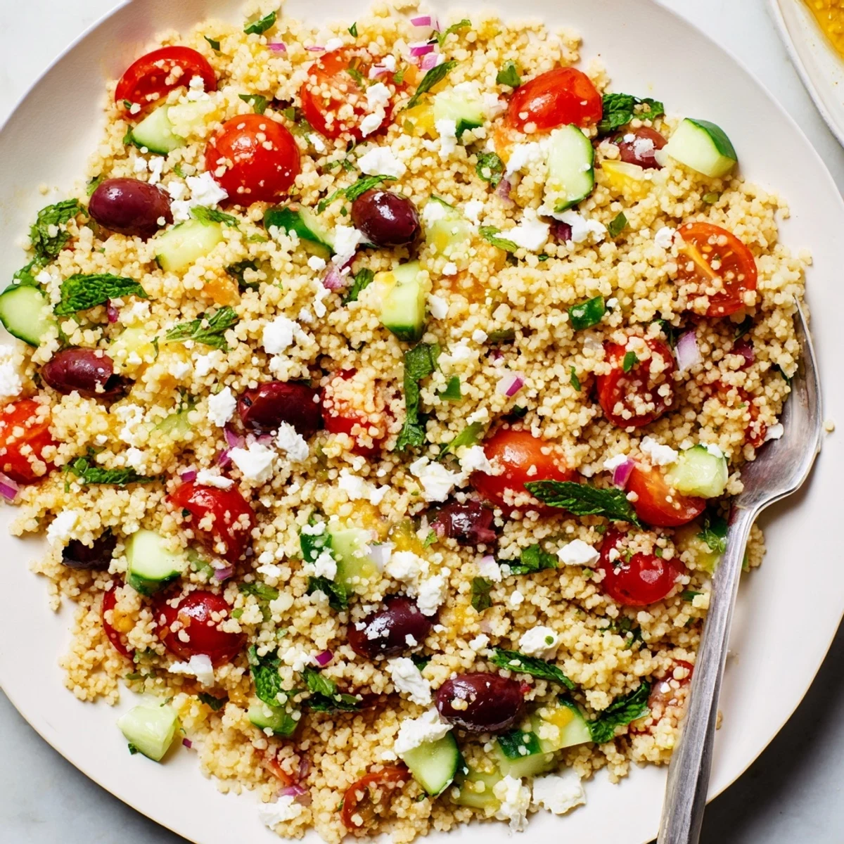Fluffy grains of Mediterranean Couscous Salad tossed with crisp cucumbers, briny olives, and crumbled feta
