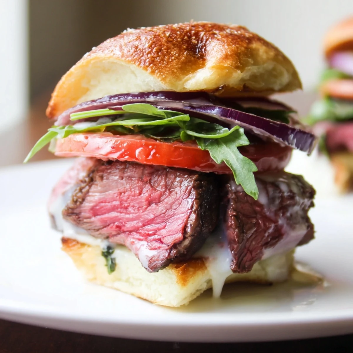 Juicy filet mignon sliders on golden garlic parmesan rolls with fresh arugula and tomato slices