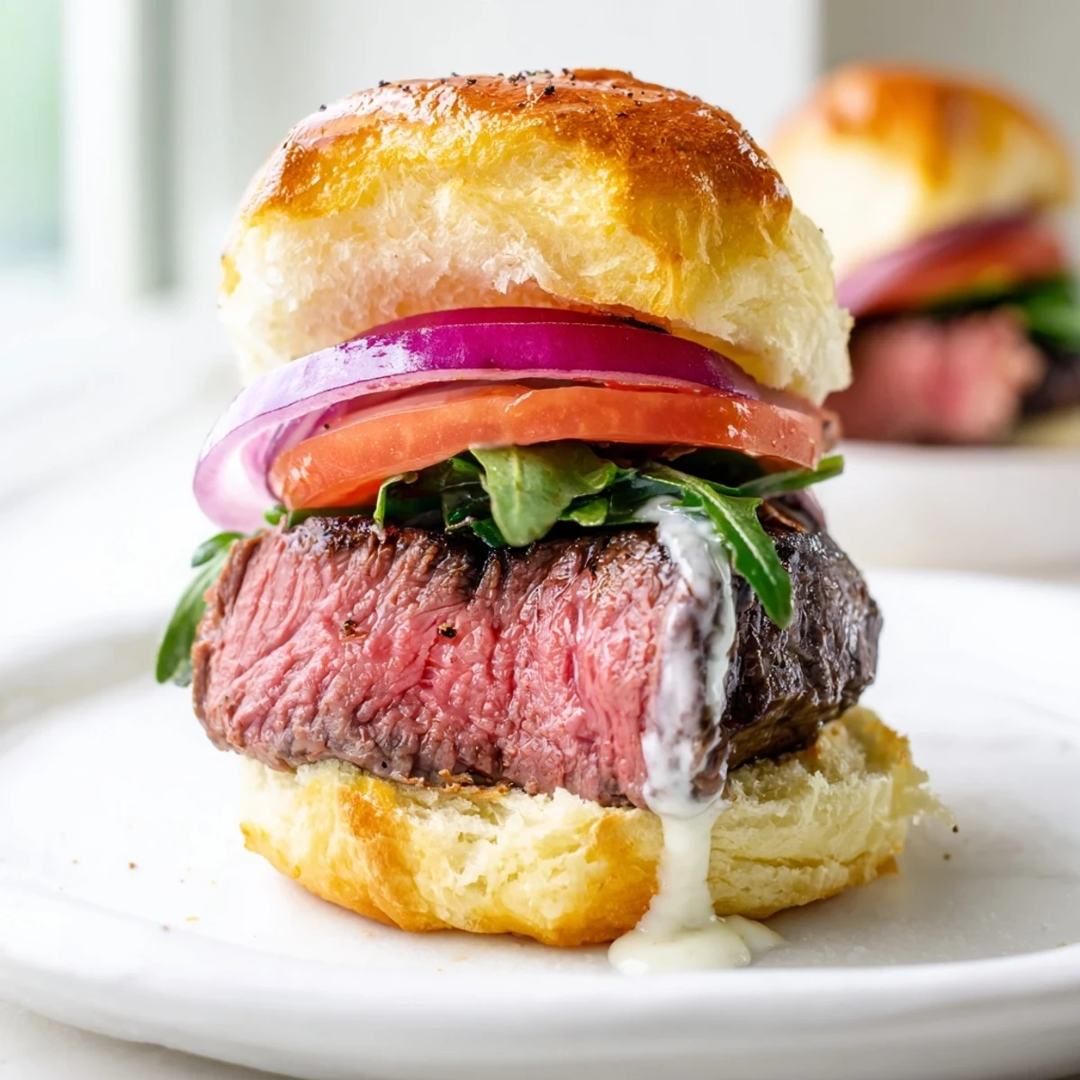 Crispy garlic parmesan rolls stacked with seared filet mignon sliders drizzled in horseradish cream