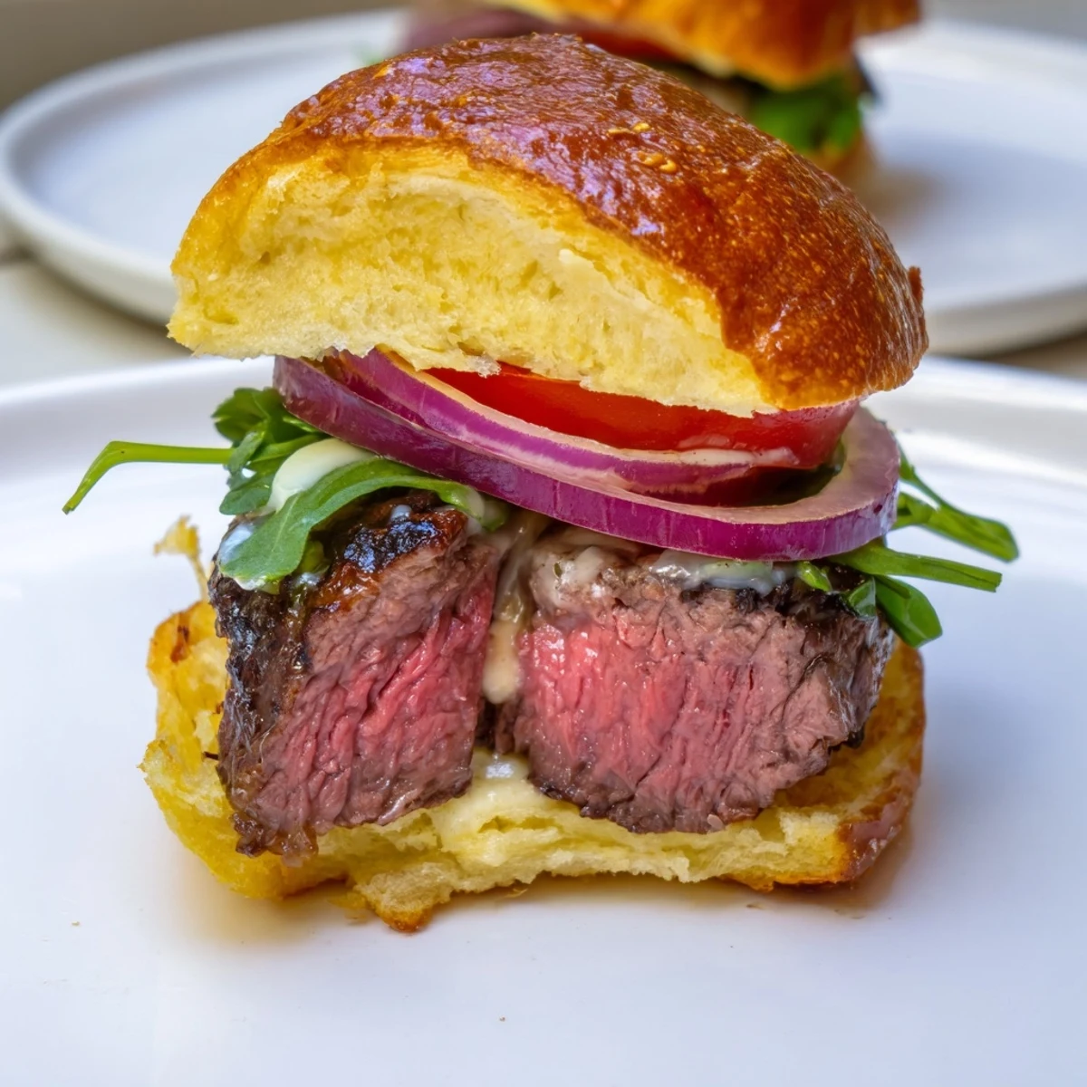 Toasted brioche buns loaded with tender filet mignon sliders topped with red onion and baby greens