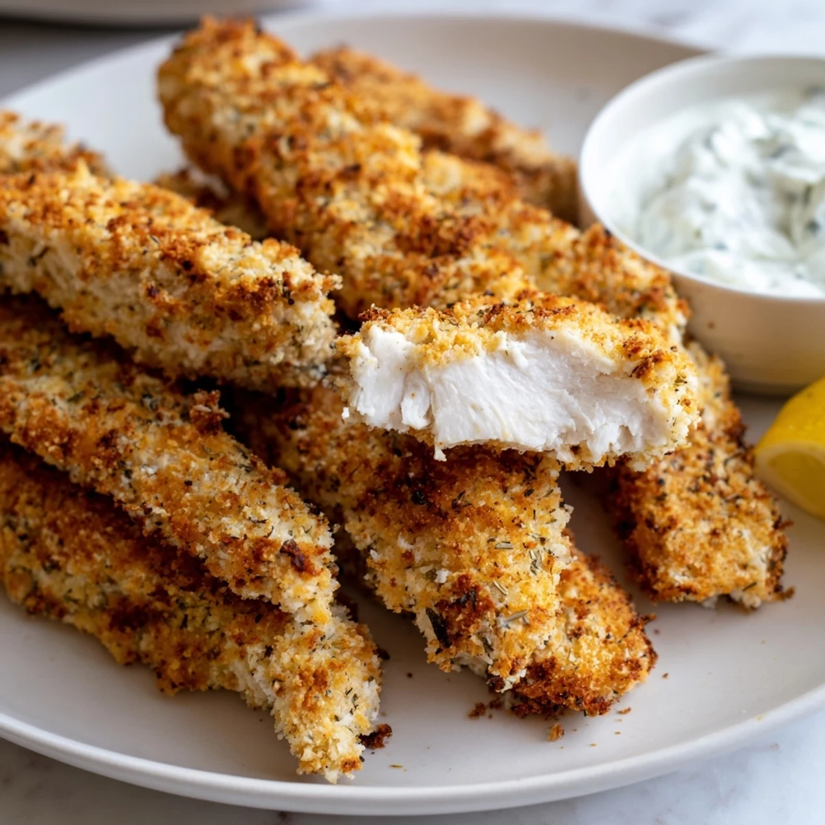 Golden crispy Greek chicken strips seasoned with Mediterranean herbs on a rustic white plate