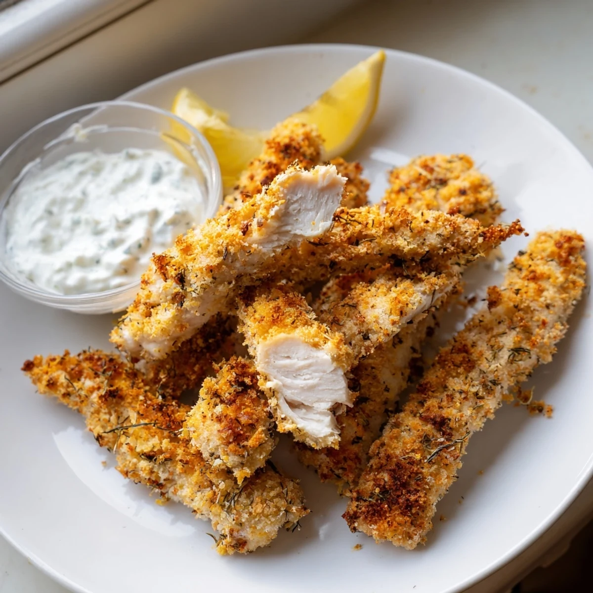 Crispy Greek chicken strips with a herbed Parmesan crust served alongside cool tzatziki sauce
