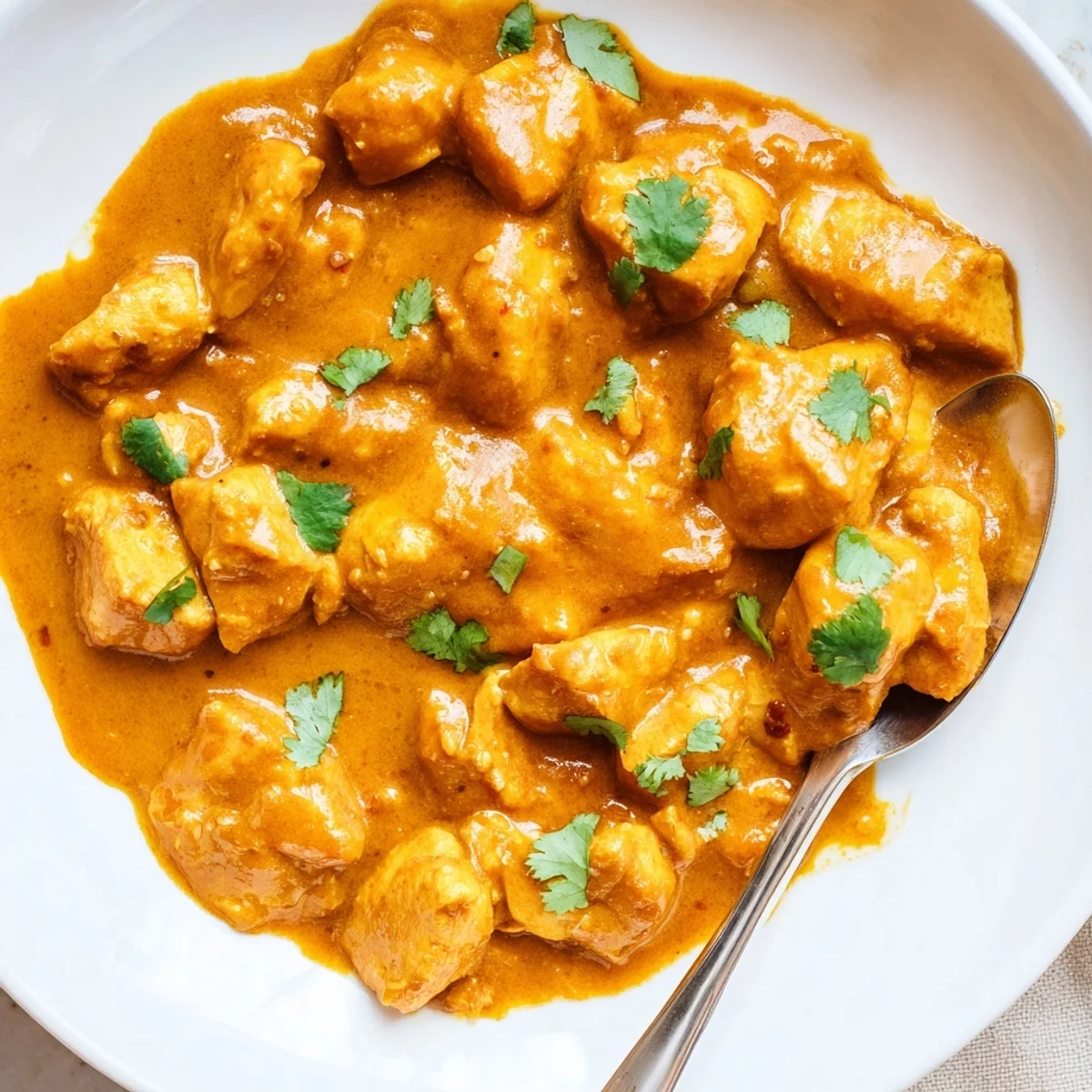 Creamy crockpot butter chicken simmering in a golden, spiced tomato sauce