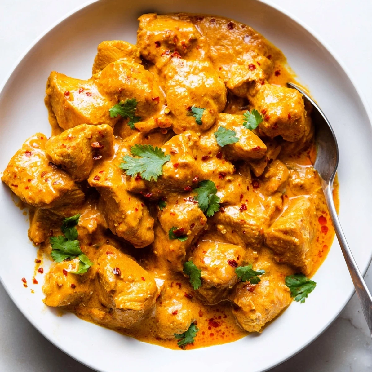 Tender crockpot butter chicken served over fluffy basmati rice with cilantro