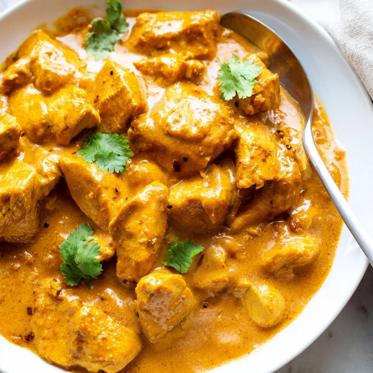 Rich, aromatic crockpot butter chicken in a velvety cream sauce garnished with herbs