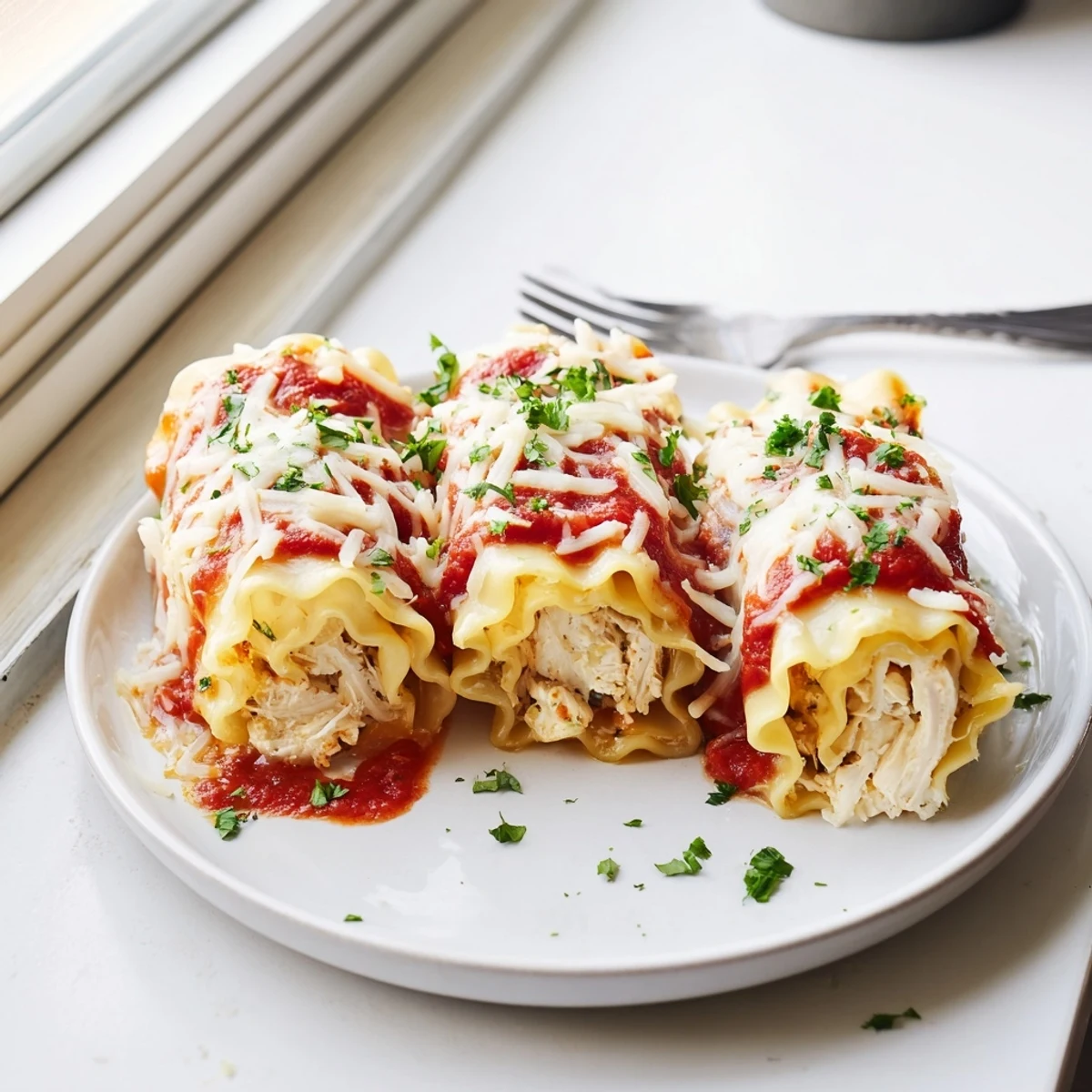 Golden garlic Parmesan chicken lasagna roll ups bubbling with melted mozzarella cheese topping