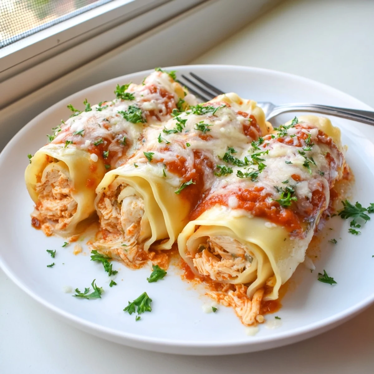 Creamy garlic Parmesan chicken lasagna roll ups draped in rich velvety Parmesan sauce