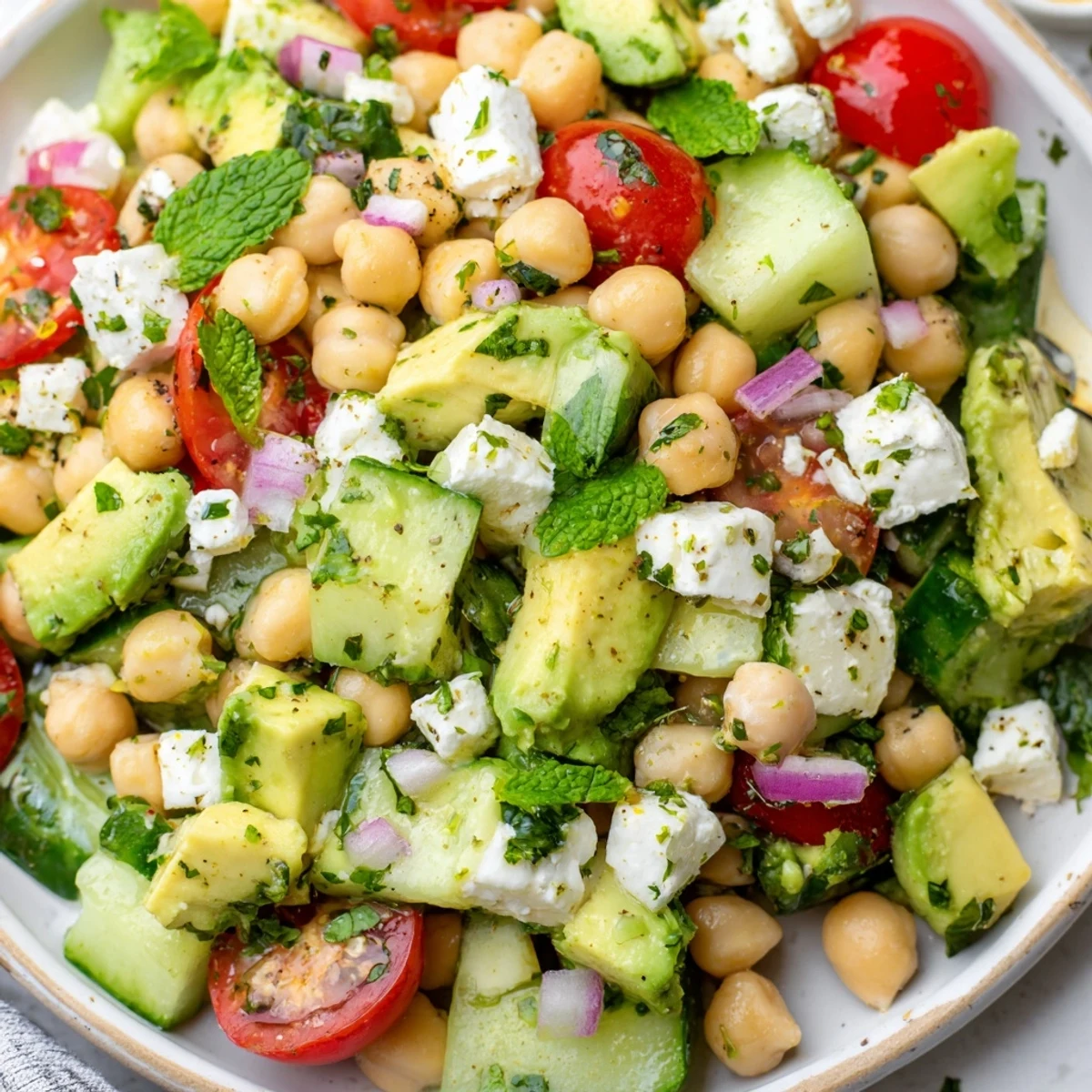 Creamy chickpea feta avocado salad served in a rustic wooden bowl with lemon dressing