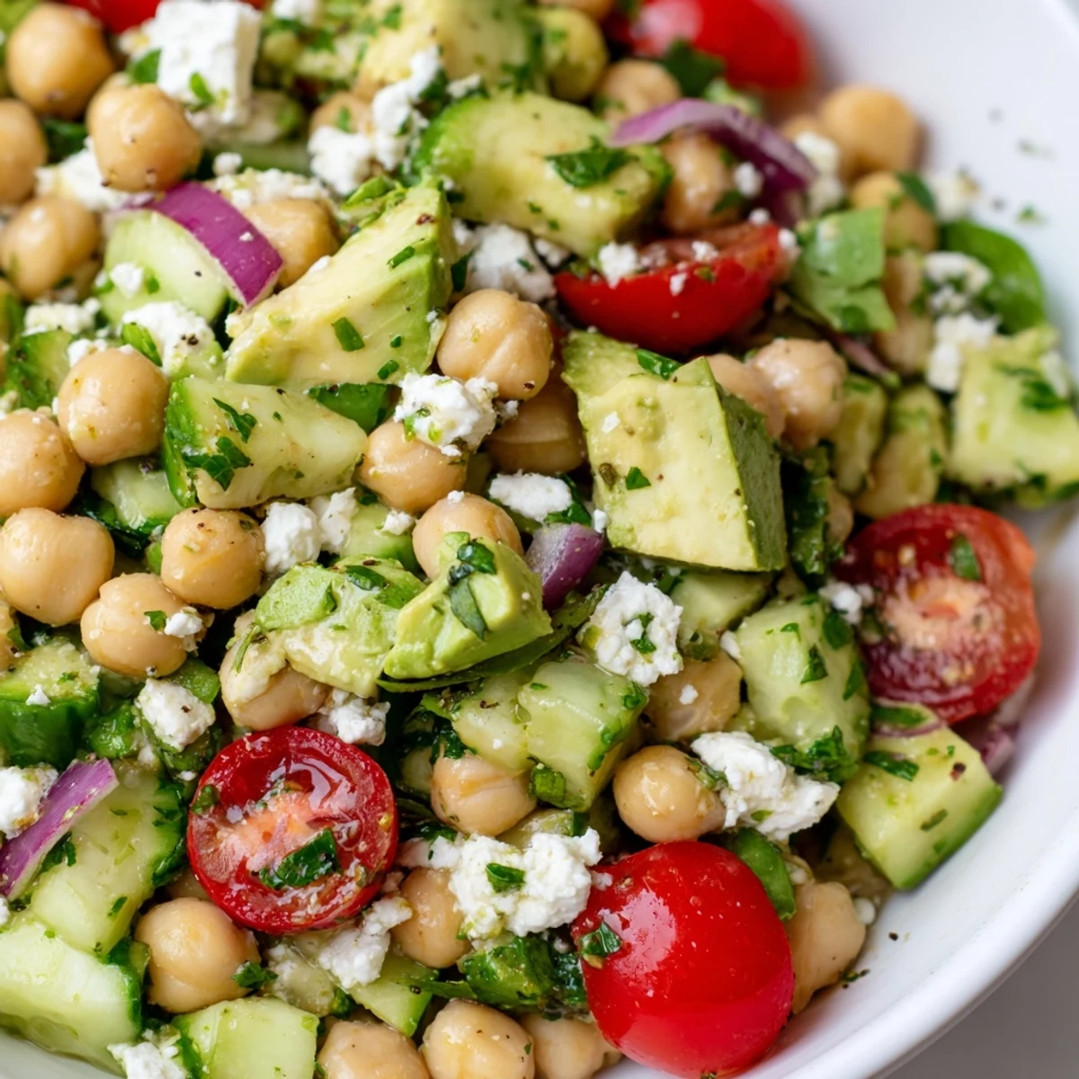 Golden crumbled feta and diced avocado coat every bite of this fresh chickpea salad