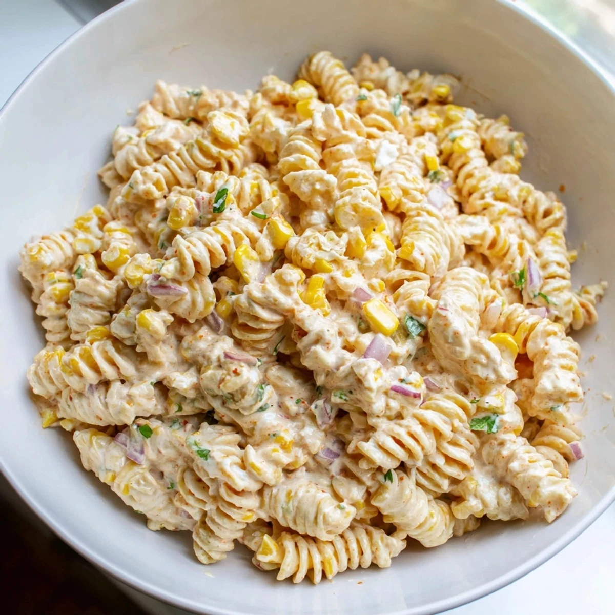 Colorful elote pasta salad garnished with red onion, jalapeño, and bright lime wedges