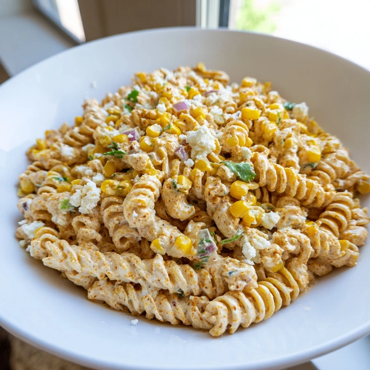 Creamy elote pasta salad topped with crumbled cotija cheese and fresh cilantro