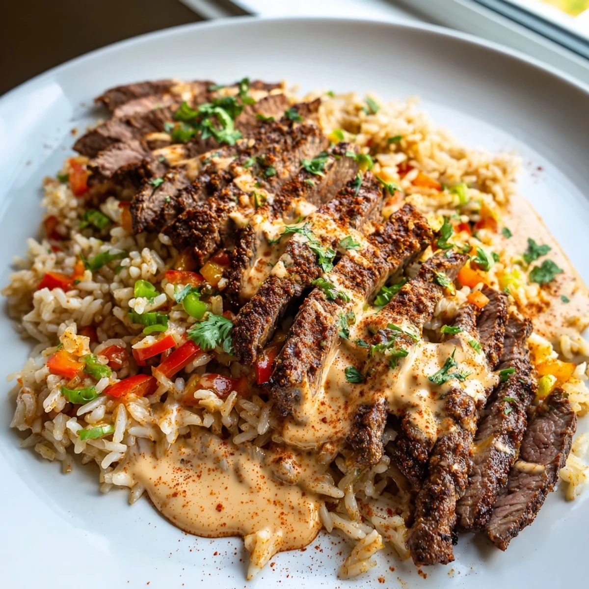 Creamy steak queso rice piled in a bowl with melted cheese drizzle