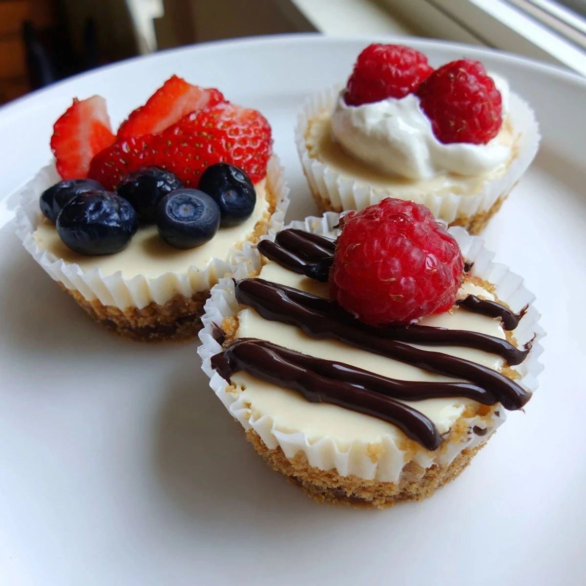 Creamy mini cheesecakes topped with fresh berries on a rustic white plate