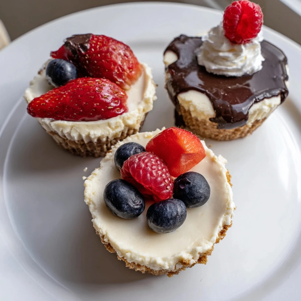 Individual mini cheesecakes with whipped cream swirls arranged on a dessert tray