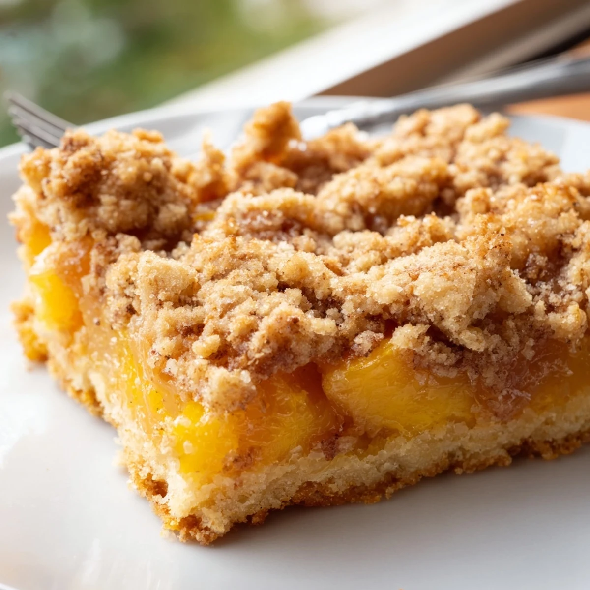 Golden sweet and buttery peach bars with cinnamon streusel served on a rustic plate
