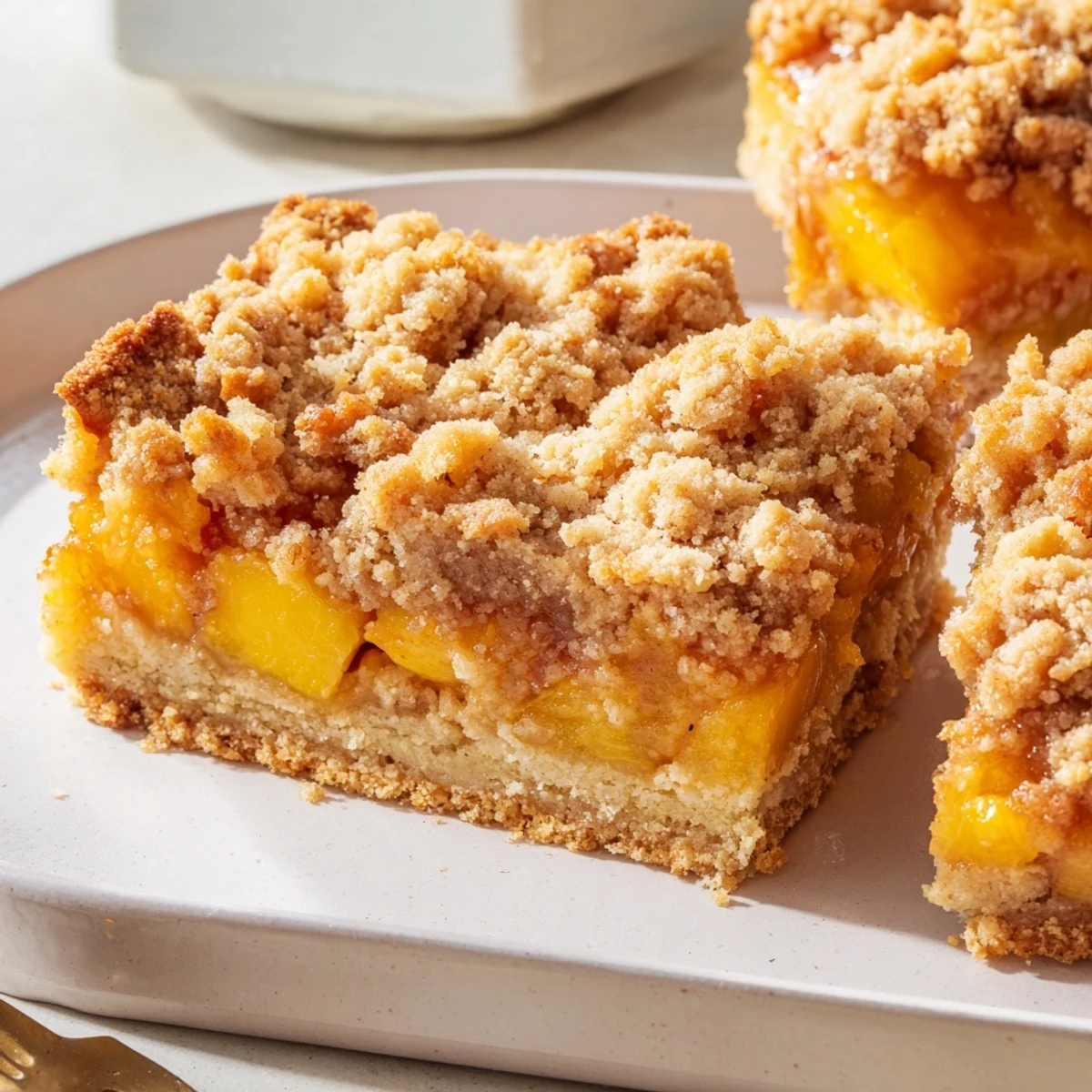 Warm sweet and buttery peach bars with cinnamon streusel cut into squares topped with ice cream