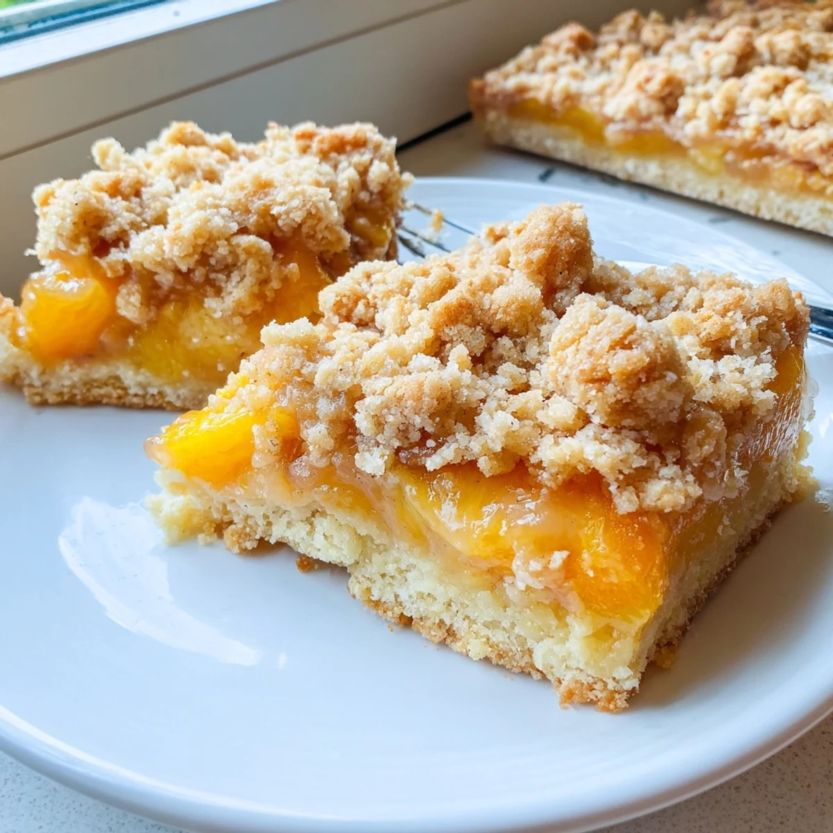 Close-up of sweet and buttery peach bars with cinnamon streusel showing gooey fruit filling