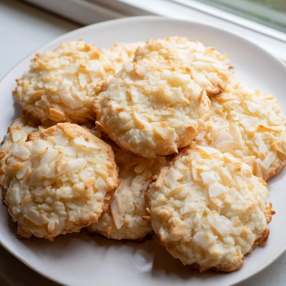 Golden soft and buttery coconut cookies with lightly crisp edges on a wire rack