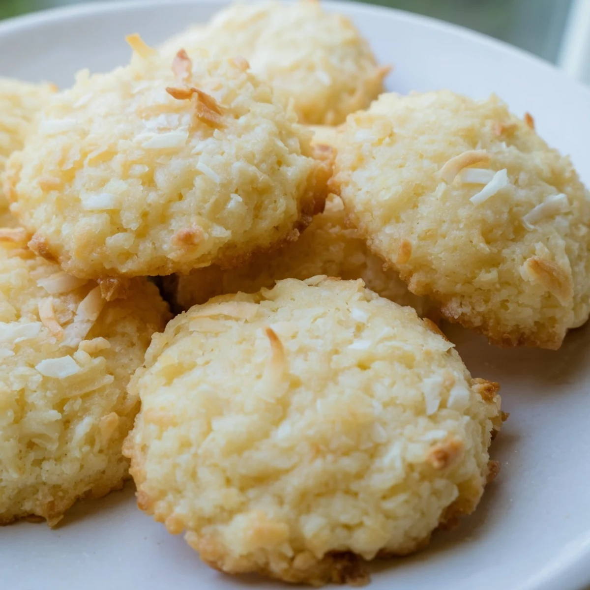 Warm soft and buttery coconut cookies arranged on parchment with golden brown edges